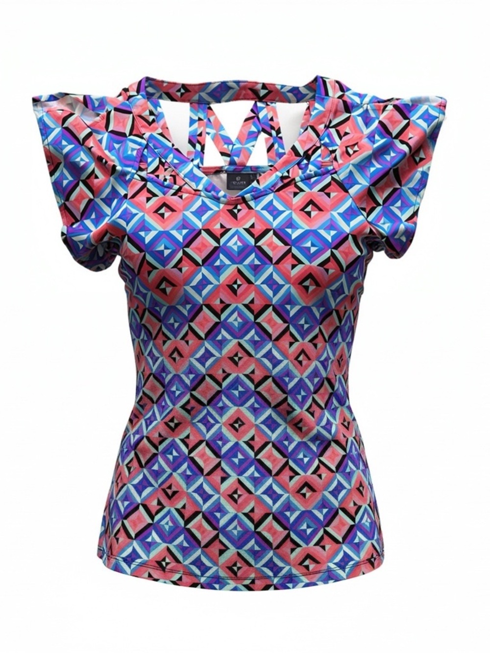 Kaari Blue Geometric Print Short Sleeve Top in Pink, Blue & Black